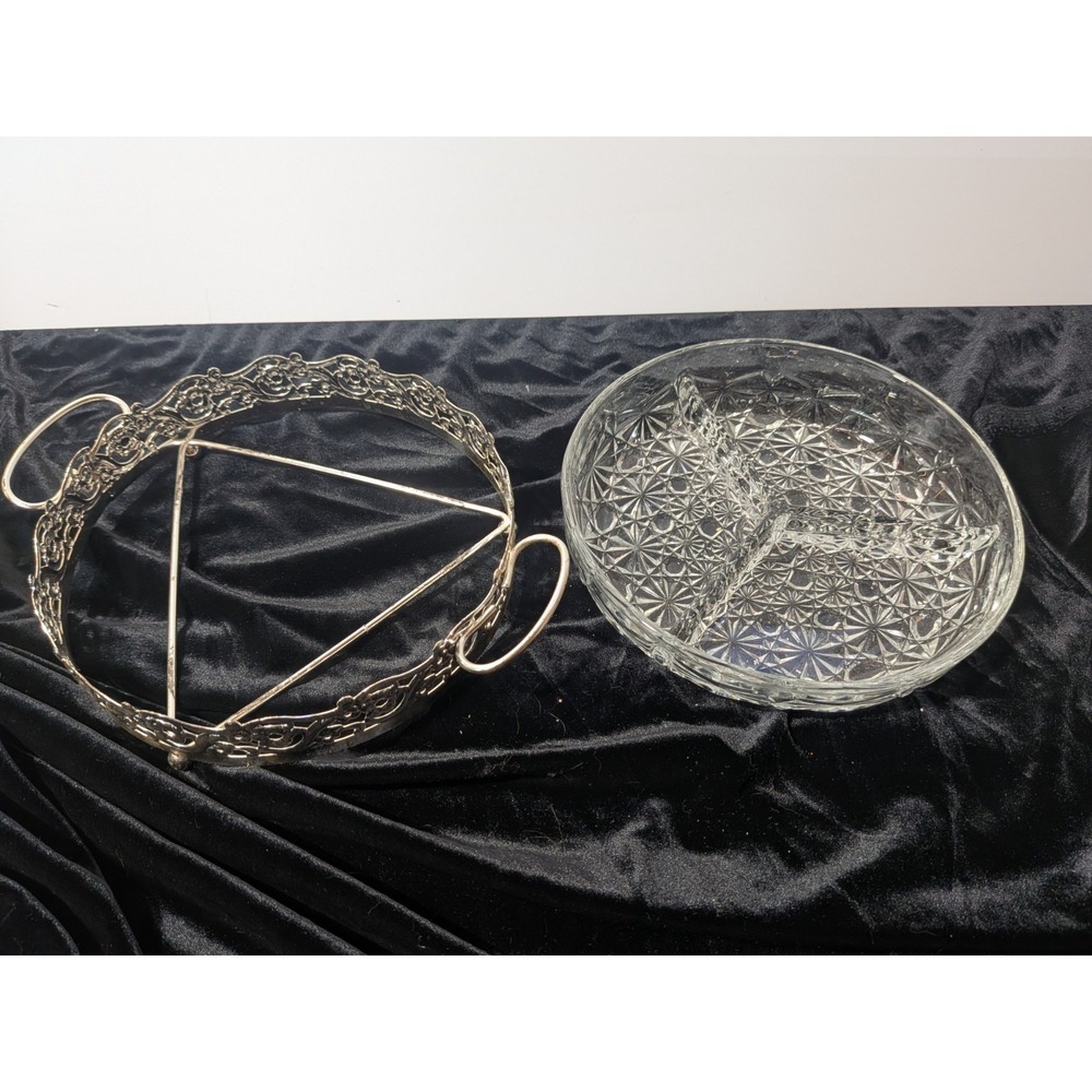 Vintage 3-Part Divided Glass Relish Dish - Ornate Silver Plated Holder - Made in